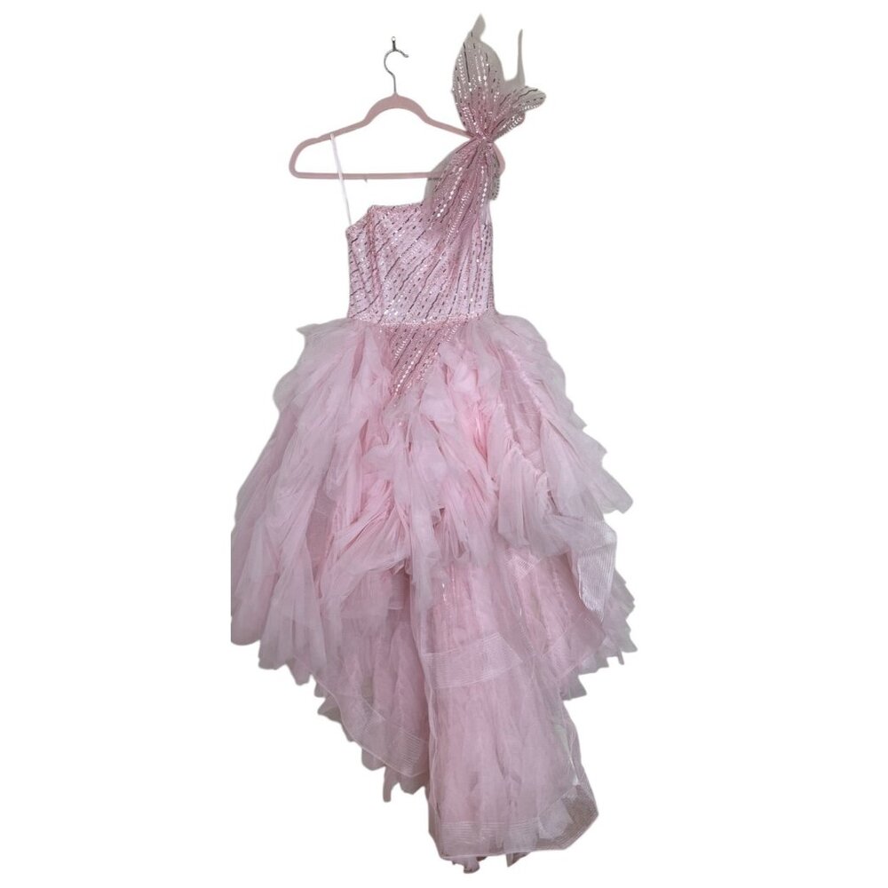 Mac Duggal Gown Dress Size 2‎ Pink High Low Ruffle Tiered Prom One Shoulder